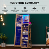 HNEBC 360° Swivel Jewelry Armoire with Mirror, LED Mirror Jewelry Cabinet Standing, Full Length Mirror with Jewelry Storage, Standing Jewelry Organizer/Lockable Wheels/Foldable Makeup Shelf (Wood) HNEBC