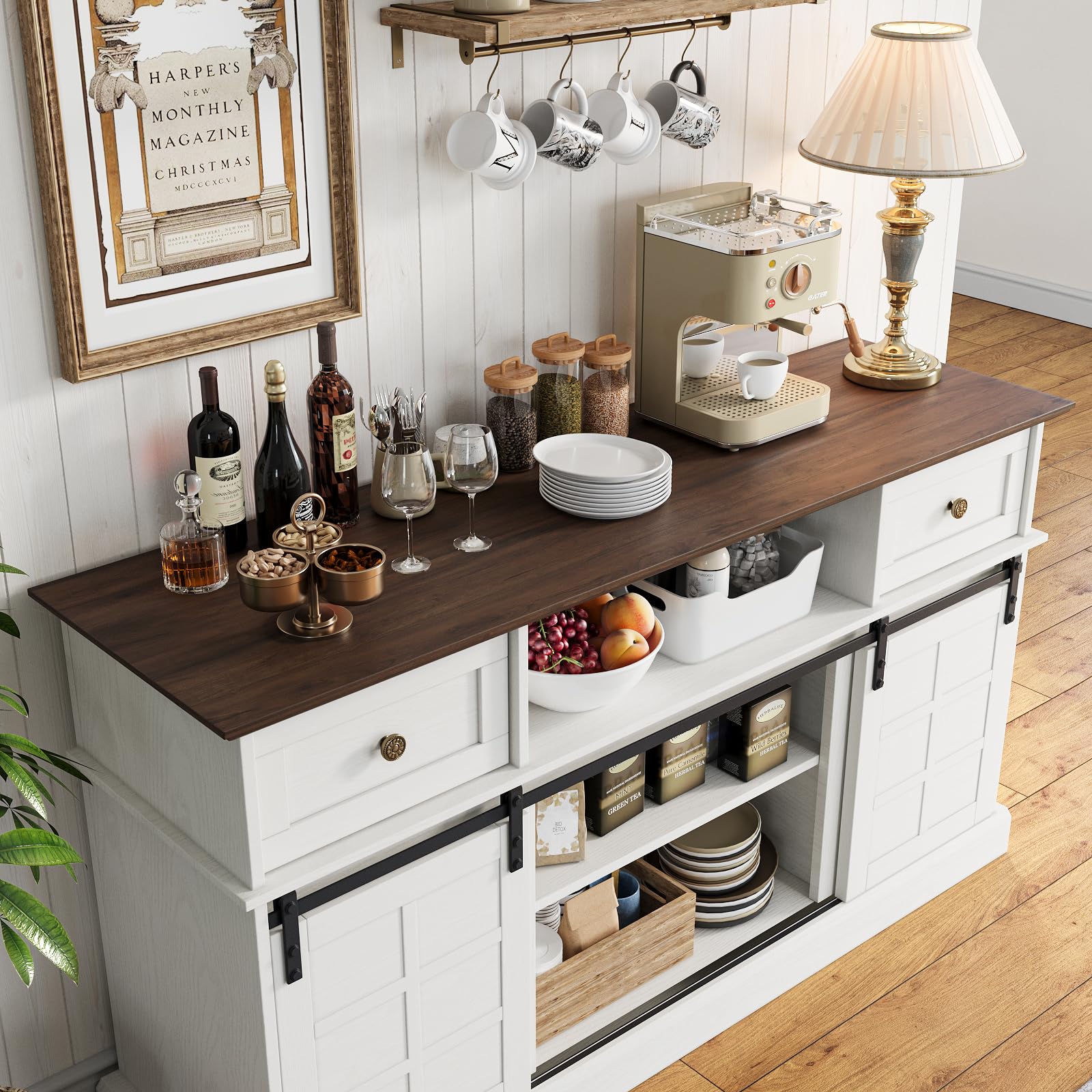 Naice Buffet Sideboard Cabinet with Storage, 58" Modern Farmhouse Buffet Table w/Sliding Barn Doors and Shelves, Coffee Bar Wine Bar Kitchen Cabinet for Dining Room, Living Room - WoodArtSupply