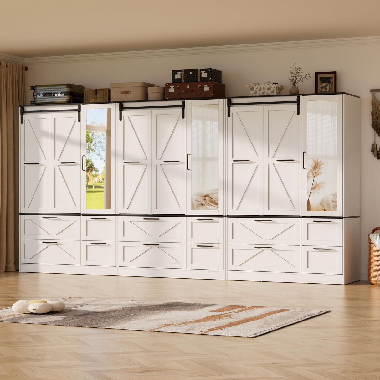 PAKASEPT Armoire Wardrobe Closet with w/Folding Sliding Barn Door, Bedroom Armoires with Mirror and Sensor Lights, Hanging Rod, Wardrobe Closet for Bedroom (19.69" D x 47.24" W x 72.83" H) PAKASEPT