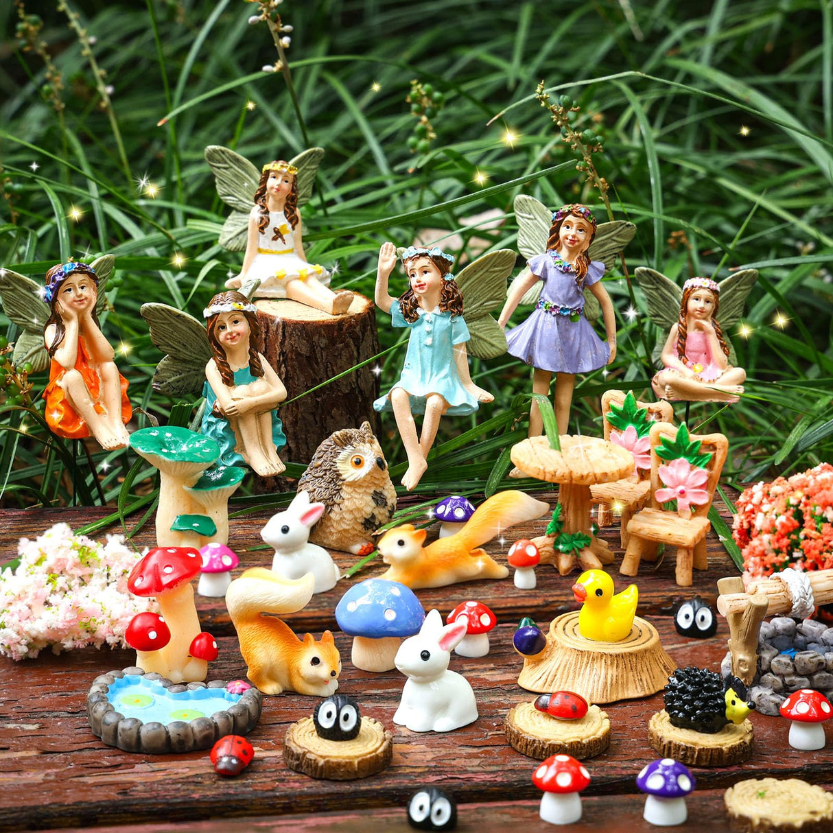 HIYZI 100 Pcs Fairy Garden Accessories Miniatures Figures Kit Micro Landscape Terrarium Ornaments Resin Mushroom Animal Fake Pond Lawn Bridge Garden Dollhouse Decoration HIYZI