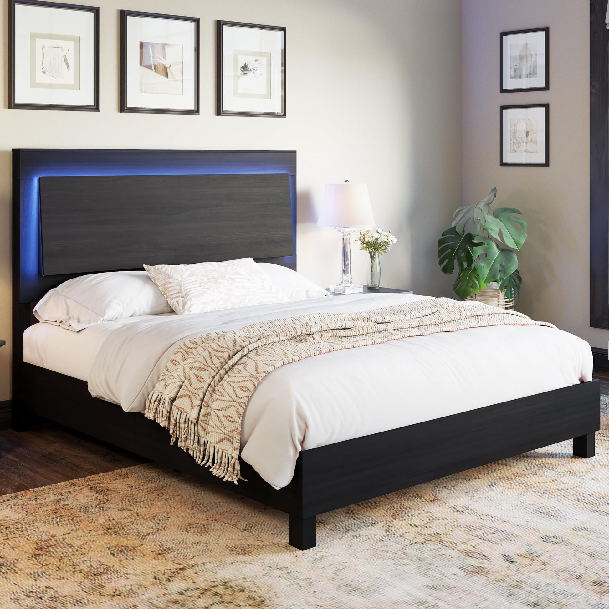 AMERLIFE Rustic Black Full Bed Frame with LED Headboard – Stylish Platform Design, Mattress Foundation with Wooden Slats - WoodArtSupply