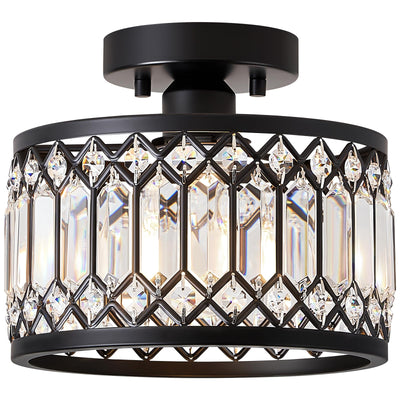 Pevfah Crystal Black Ceiling Light, Modern Semi Flush Mount Ceiling Lighting Fixture, Round Hallway Lighting Fixtures Ceiling for Kitchen Entryway Bedroom Laundry Room, 1-Light, 9 Inch