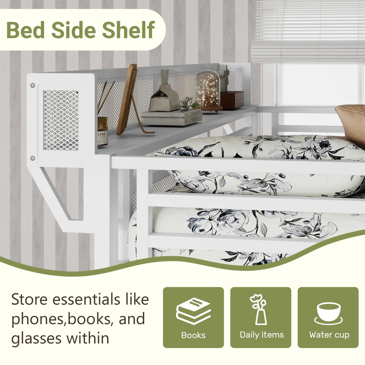 Mirightone Full Size Loft Bed with Stairs and Storage, Metal Loft Bed Frame with Bedside Shelf and Large Under-Bed Space, Heavy-Duty Loft Beds for Adults Teens and Kids, White Mirightone