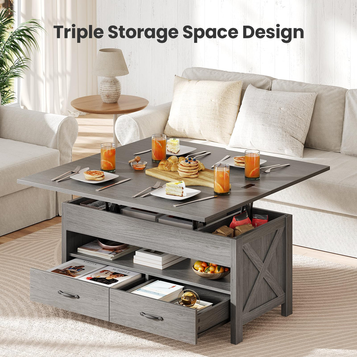 Amada Lift Top Coffee Table with Storage, Farmhouse Wood Coffee Table with Hidden Compartment, One Open Shelf and Two Drawers, Center Table for Living Room and Home Office, Gray AMADA HOMEFURNISHING