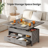 Amada Lift Top Coffee Table with Storage, Farmhouse Wood Coffee Table with Hidden Compartment, One Open Shelf and Two Drawers, Center Table for Living Room and Home Office, Gray AMADA HOMEFURNISHING