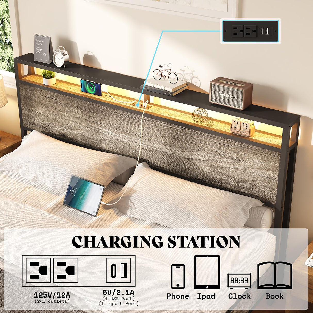 AMERLIFE King Size Industrial Floating Bed Frame with LED Lights and Charging Station AMERLIFE