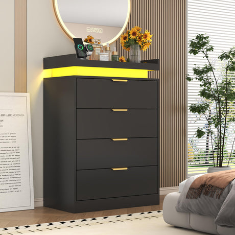 knoworld Black Dresser with LED Lights, Wooden LED Dresser, 4 Drawer Chest with Charging Station, Tall Chest of Drawer Closet Organizer for Bedroom, Living Room, Entryway, Hallway knoworld