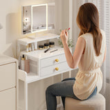 HIGDBFE Vanity Desk with Mirror and Lights, 28.4''W Small Makeup Vanity Table with Height-Adjustable Stand, 2 Fabric Drawers Compact Makeup Desk, Gift for Girls, Bedroom Small Space, White HIGDBFE