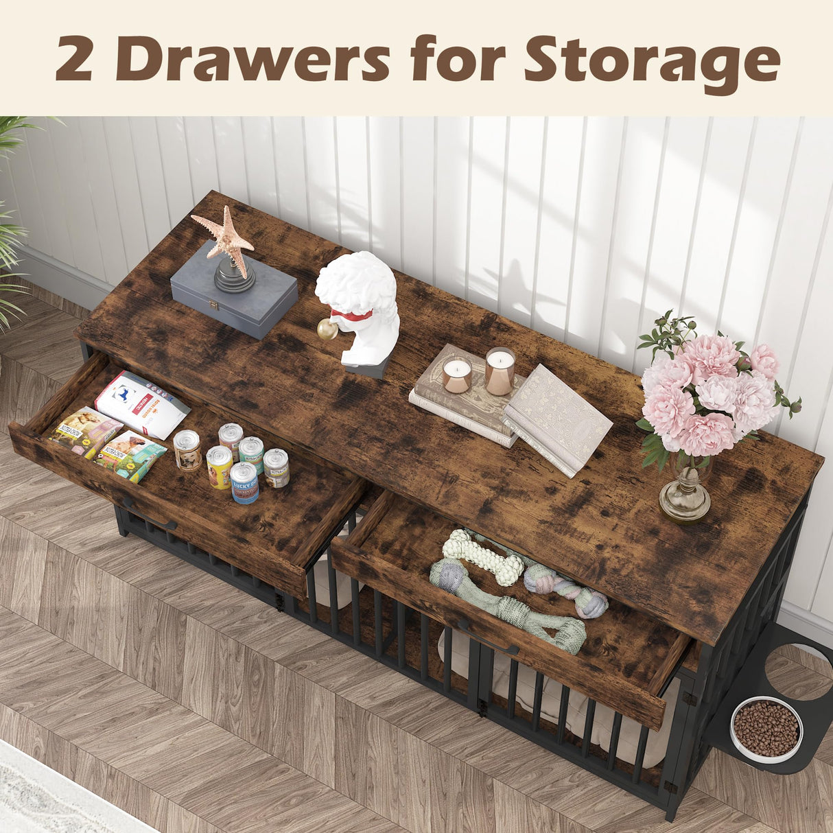 NEOCOZY Double Dog Crate Furniture, Indoor Large Heavy Duty, 72x24x36 inch Dog Crate Furniture for 2 Dogs with Bowl Stand NEOCOZY