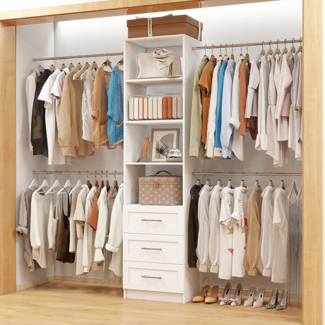 Closet System with Drawers, 5FT-8FT Custom Closet Organizer System 99" Walk in Wood Closet Storage System with 4 Expandable Hanging Rods Wall Mount White Dilando
