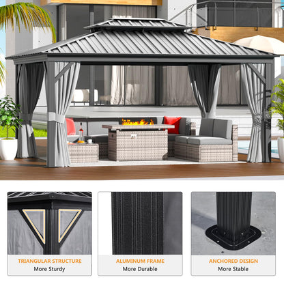 Jolydale Hardtop Gazebo 12 X 16ft with Mosquito Netting and Curtains, Outdoor Gazebos with Double Roof, Galvanized Steel Permanent Aluminum Gazebo, for Gardens, Decks, Patios, Parties - WoodArtSupply