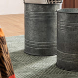 Glitzhome Rustic End Table Set of 2, Farmhouse Galvanized Metal Barrel Ottoman Storage Stool with Round Wood Lid for Living Room Furniture, Grey Glitzhome