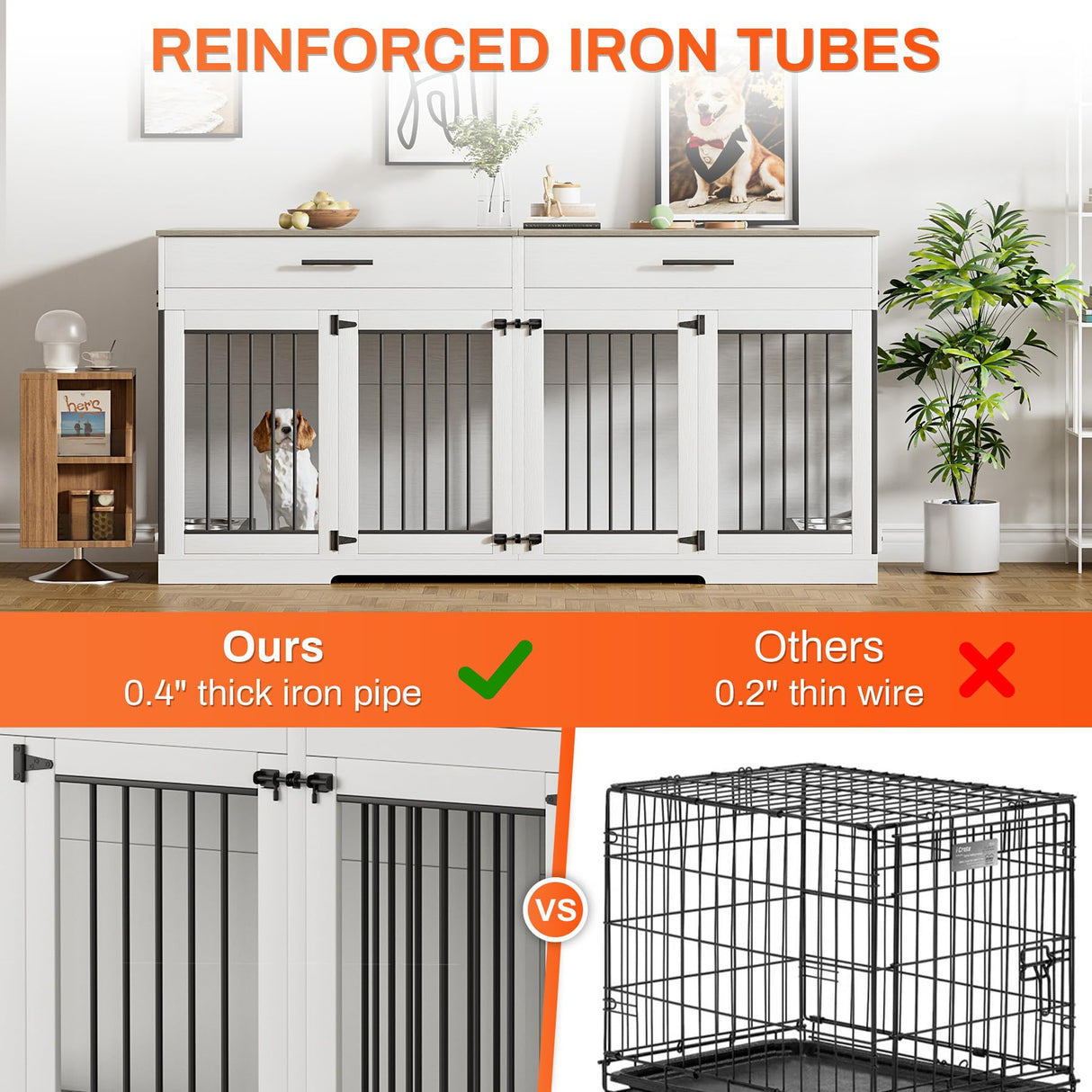 Rophefx 72" Dog Crate Furniture for 2 Dogs, Large Dog Kennel Furniture with 2 Storage Drawers and Removable Divider, Indoor Wooden Dog Cage with 4 Bowls, Dog House TV Stand for Large Dog, White Grey Rophefx