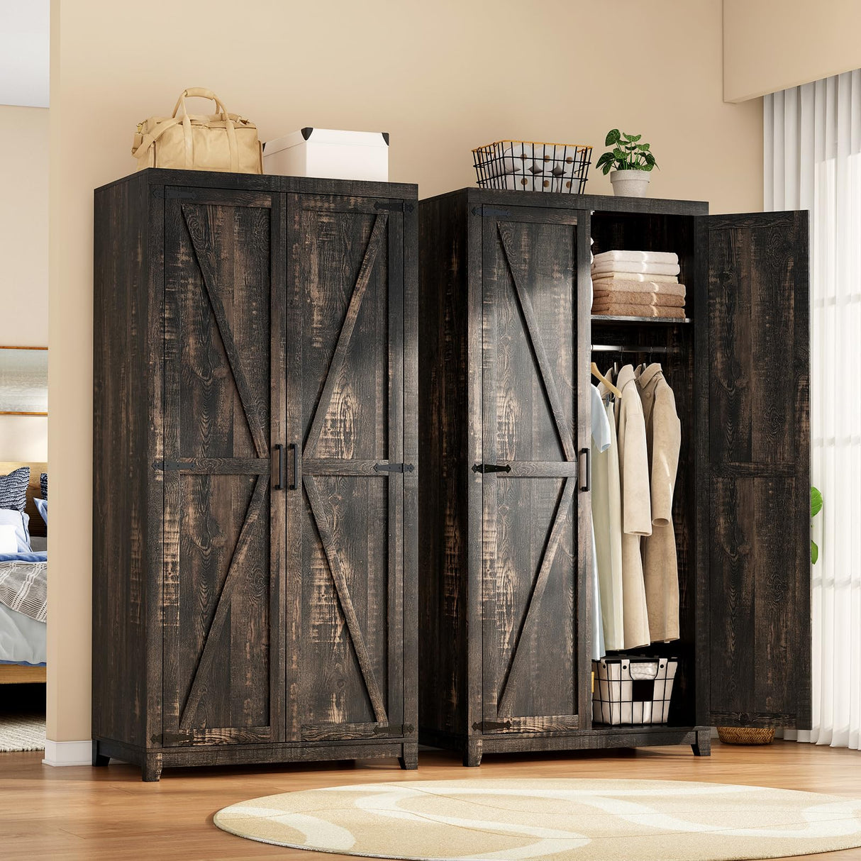 LUXOAK 70" Large Armoire Wardrobe Closet Set of 2 with Hanging Rod, Farmhouse Clothing Storage Cabinet with 4 Barn Doors, Wooden Tall Bedroom Armoires with Shelf, Dark Oak Wood LUXOAK