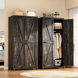 LUXOAK 70" Large Armoire Wardrobe Closet Set of 2 with Hanging Rod, Farmhouse Clothing Storage Cabinet with 4 Barn Doors, Wooden Tall Bedroom Armoires with Shelf, Dark Oak Wood LUXOAK