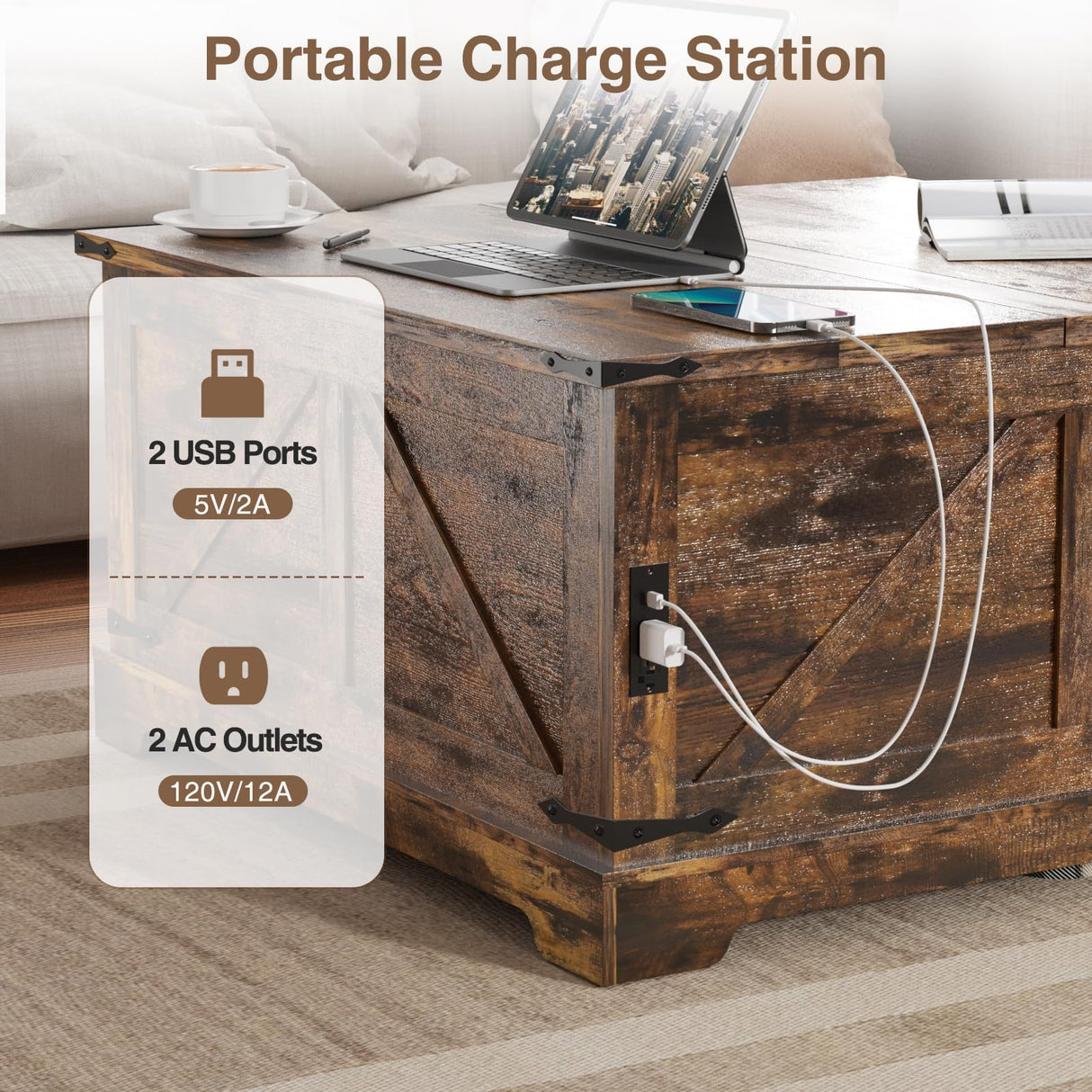 Vabches 35.4" Lift Top Coffee Table, Farmhouse Square Coffee Tables with Storage for Living Room, Center Table with USB Charging Station and Hidden Space, Grey Vabches