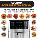 Gourmia Air Fryer Oven Digital Display 8 Quart Large AirFryer Cooker 12 Touch Cooking Presets, XL Air Fryer Basket 1700w Power Multifunction GAF838 Black and stainless steel air fryer Gourmia