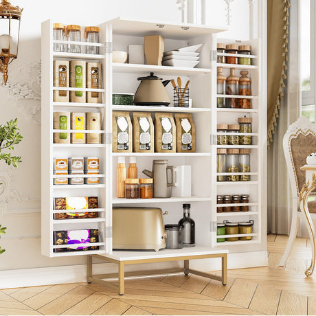 kepptory 51” Pantry Cabinets, White Freestanding Kitchen Pantry Storage Cabinet with Adjustable Shelves, Buffet Cupboards Storage Cabinet for Home Office Use, White + Gold kepptory