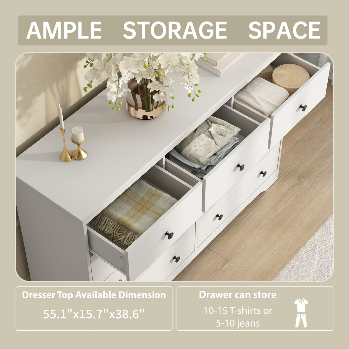 BAZELOR 55 Inch Wide White Dresser for Bedroom, 9 Drawer Dresser with Large Drawers, Wood Chest for Living Room, Hallway BAZELOR
