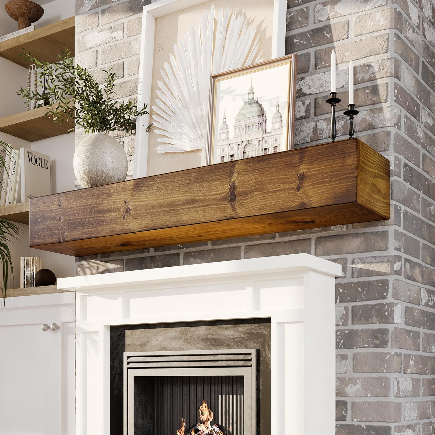 Woodlands-USA 48 Floating Fireplace Mantel Wood Shelf - Rustic Mantels For Over Fireplace, 48 Inch Handcrafted Wall Mounted Mantle Shelf, 48 Inches X 8 X 5 Fireplace Mantel Shelves - Traditional Brown