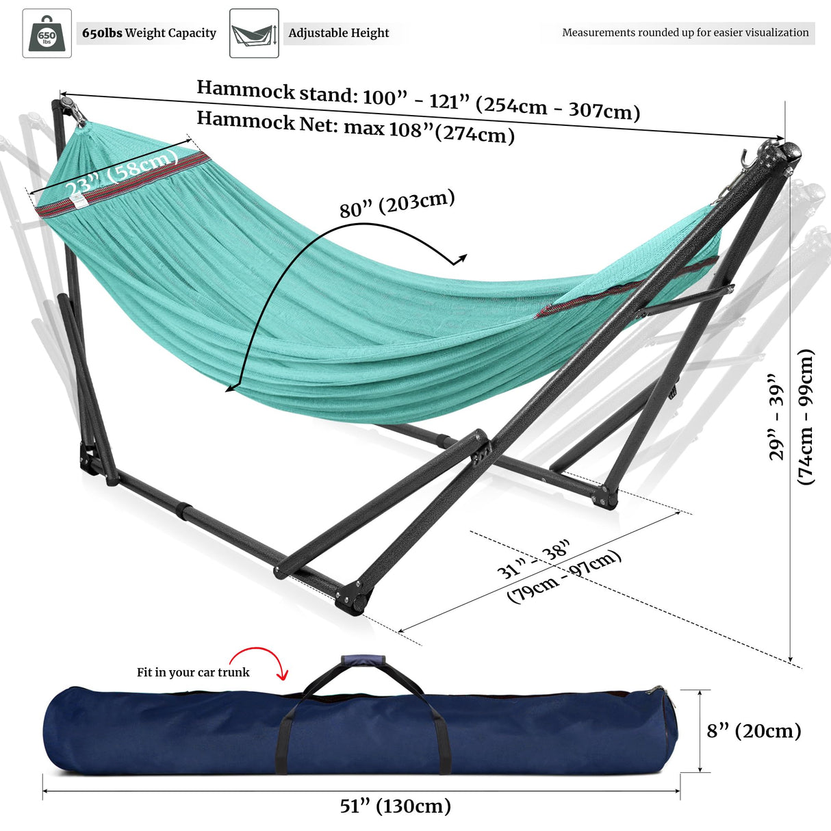 Tranquillo Double Hammock with Stand Included for 2 Persons/Foldable Hammock Stand 600 lbs Capacity Portable Case - Inhouse, Outdoor, Camping, Sky Tranquillo
