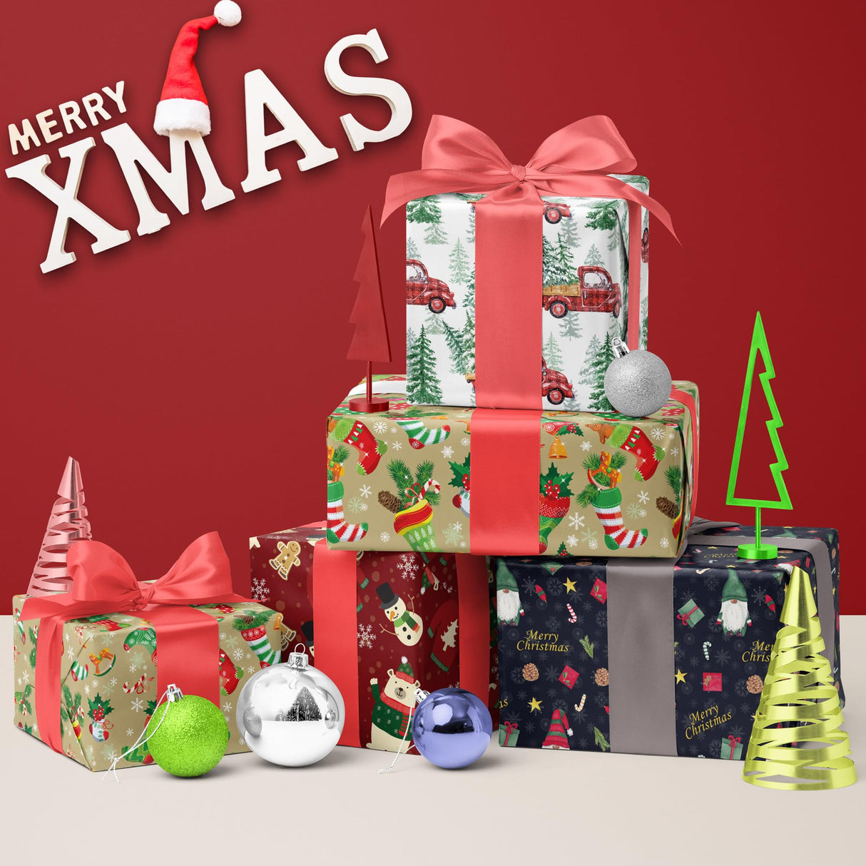 GIOLNIAY Christmas Wrapping Paper for Kids Boys Girls - Wrapping Paper Christmas Bundle with Santa, Green Stockings, Red Truck, Woodland Designs - 6 Jumbo Sheets (28 x 40 inches), Easy to Store GIOLNIAY