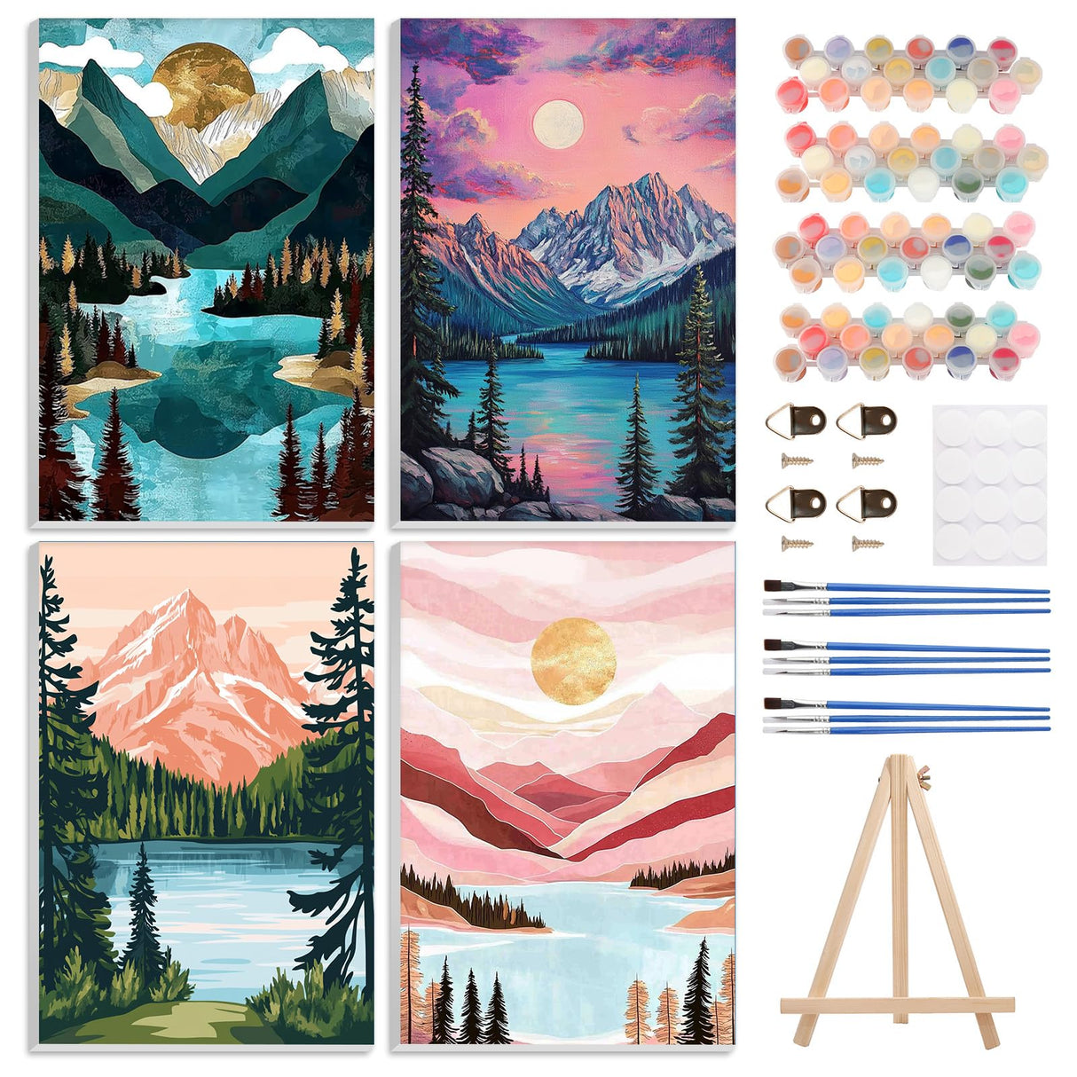 4 Pack Paint by Numbers Kits for Adults Beginners Framed Canvas, Adult Paint by Number Kit with Wooden Easel, Sunset Lake Mountains Easy Painting by Numbers for Adults Framed Crafts 8x12inch Genius maker