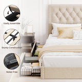 BRELTAM King Size Bed Frame with 4 Storage Drawers and Tufted Headboard Linen Upholstered Platform Bed Frame with Heavy Duty Wood Slats, No Box Spring Needed, Beige BRELTAM