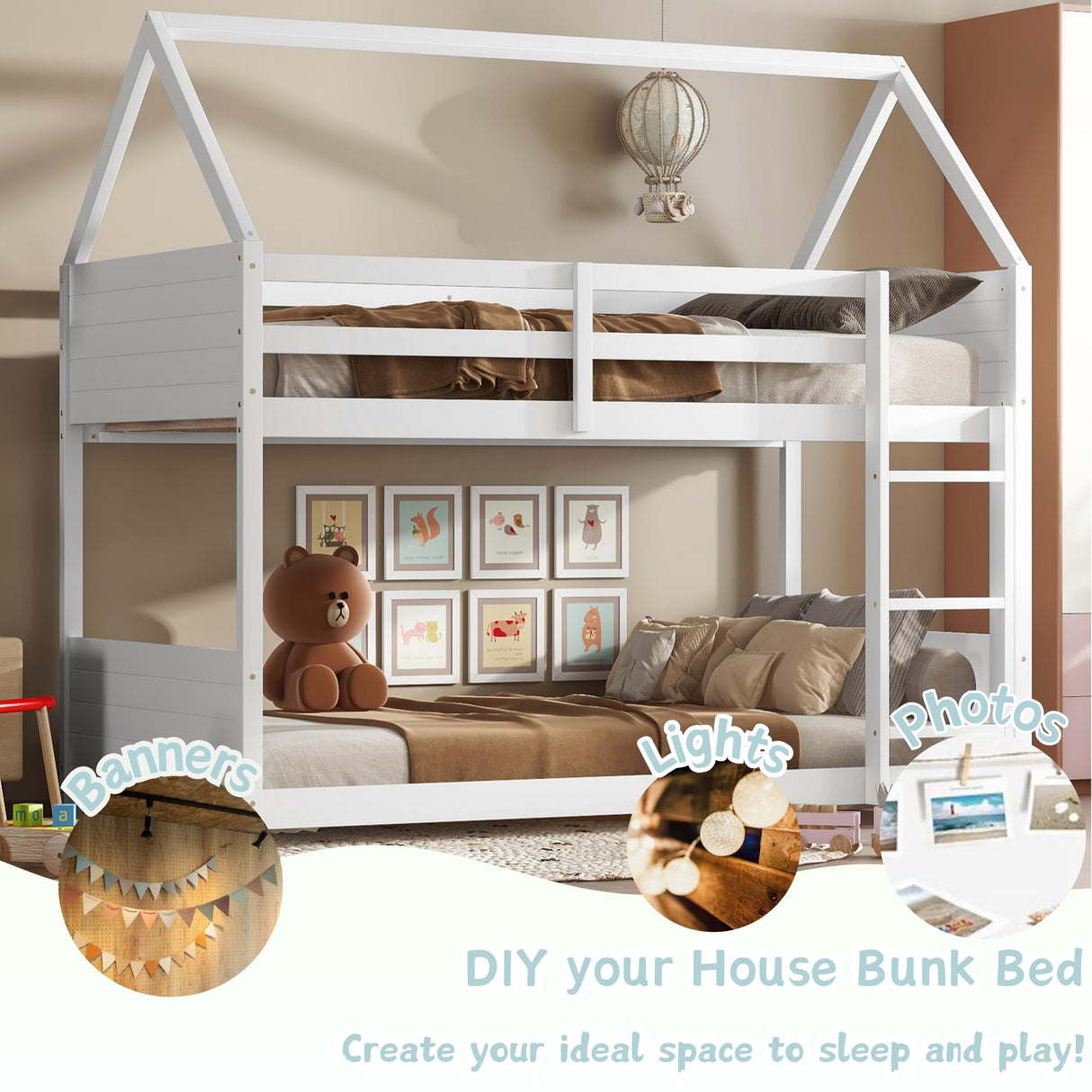 Twin Over Twin Bunk Bed, Wooden House Bunk Bed with Ladder and Guardrail for Bedroom, Dormitory, Floor Bunk Beds with Headboard and Footboard for Kids, Teens, No Box Spring Needed, White Bellemave