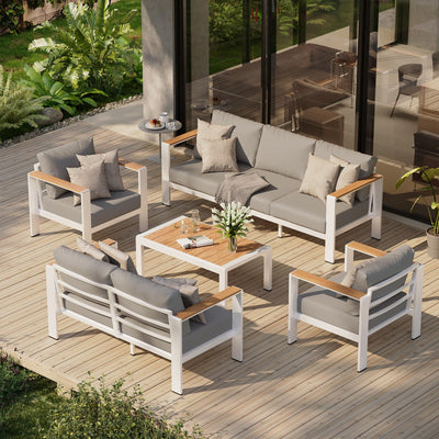 Oasbira Aluminum Outdoor Patio Furniture Set with Coffee Table, 5 Piece Patio Conversation Sets with Washable Thick Cushions, Patio Sectional Furniture Set for Porch, Balcony, Deck, White