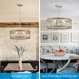 XINGQI 21.7'' Modern Farmhouse Chandelier, Drum Ceiling Light Fixture for Living Dining Room Over Table, 5 Lights Antique Wood Grain Brushed Nickel with Round Metal XINGQI