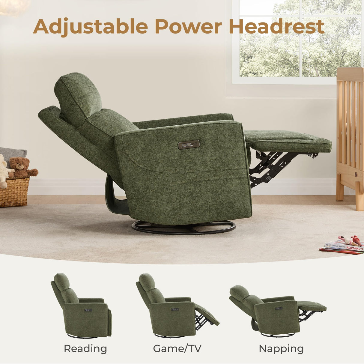 CHITA Electronic Power Recliner Chair Swivel Glider, FSC Certified Modern Nursery Rocking Chair with USB and Type-C Ports, Forest Green CHITA