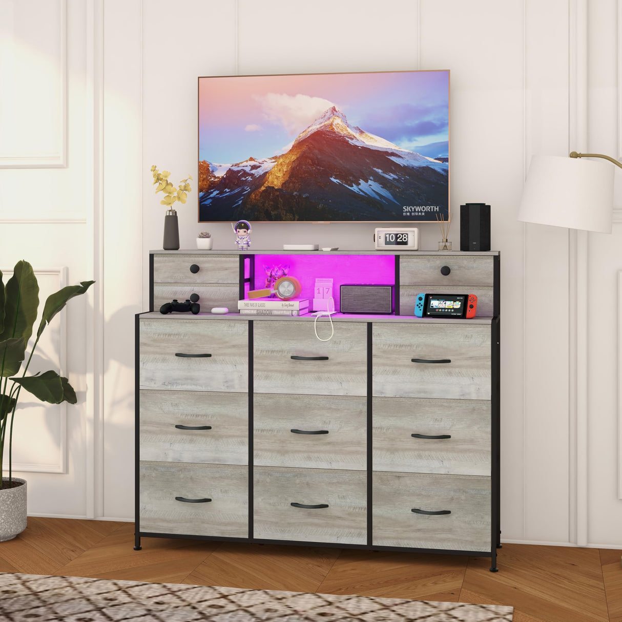 Welfuturer Grey Dresser with Power Outlets and LED Lights 13 Drawers Long Dresser for Bedroom Faux Leather Fabric Chest of Drawers for Living Room Hallway Entryway Closets Sturdy Frame Wood Top Welfuturer