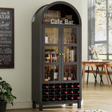 BREEZEHEAT 70" Tall Bar Cabinet, Arched Cabinet with Glass Doors, Farmhouse Whiskey Station with Wine Rack and Glasses Holder, Liquor Bar Cabinet for Home Kitchen Living Dining Room, Black BREEZEHEAT