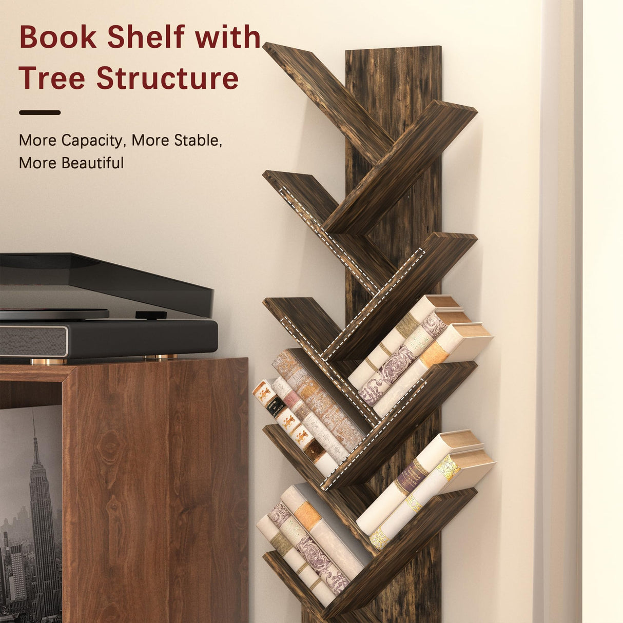 Azaeahom 8 Tier Tree Bookshelf, Wood Bookcase with Storage Cabinet, Modern Tall Narrow Bookshelves Organizer, Floor Standing Book Shelf for Bedroom/Living Room/Home Office/Corner (Brown, 8 Tier) Azaeahom