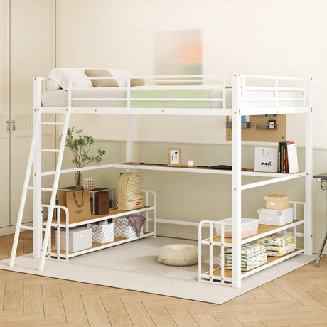 Ziraukon Full Size Metal Loft Bed with Desk and Storage, Heavy Duty Metal Loft Bed with Storage Shelves and Charging Station, Safety Guardrail, Ladder, Space Saving, White Ziraukon
