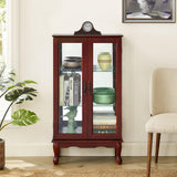 HRVEOCEI Curio Cabinet with Lighted, Display Cabinet with Glass Doors, Corner China Cabinet with Tempered Adjustable Glass Shelves & Carved Decoration(Cherry) HRVEOCEI