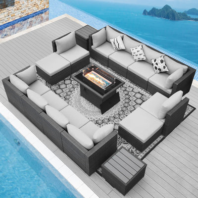 NICESOUL 15 Piece Outdoor Sectional with Fire Pit Table, Modern Luxury Patio Deep Seating w/Firepit, 29.3'' High-Back Wicker Couch Thick, Big High-Weight Capacity Sofa for Terrace, Yard, Light Gray