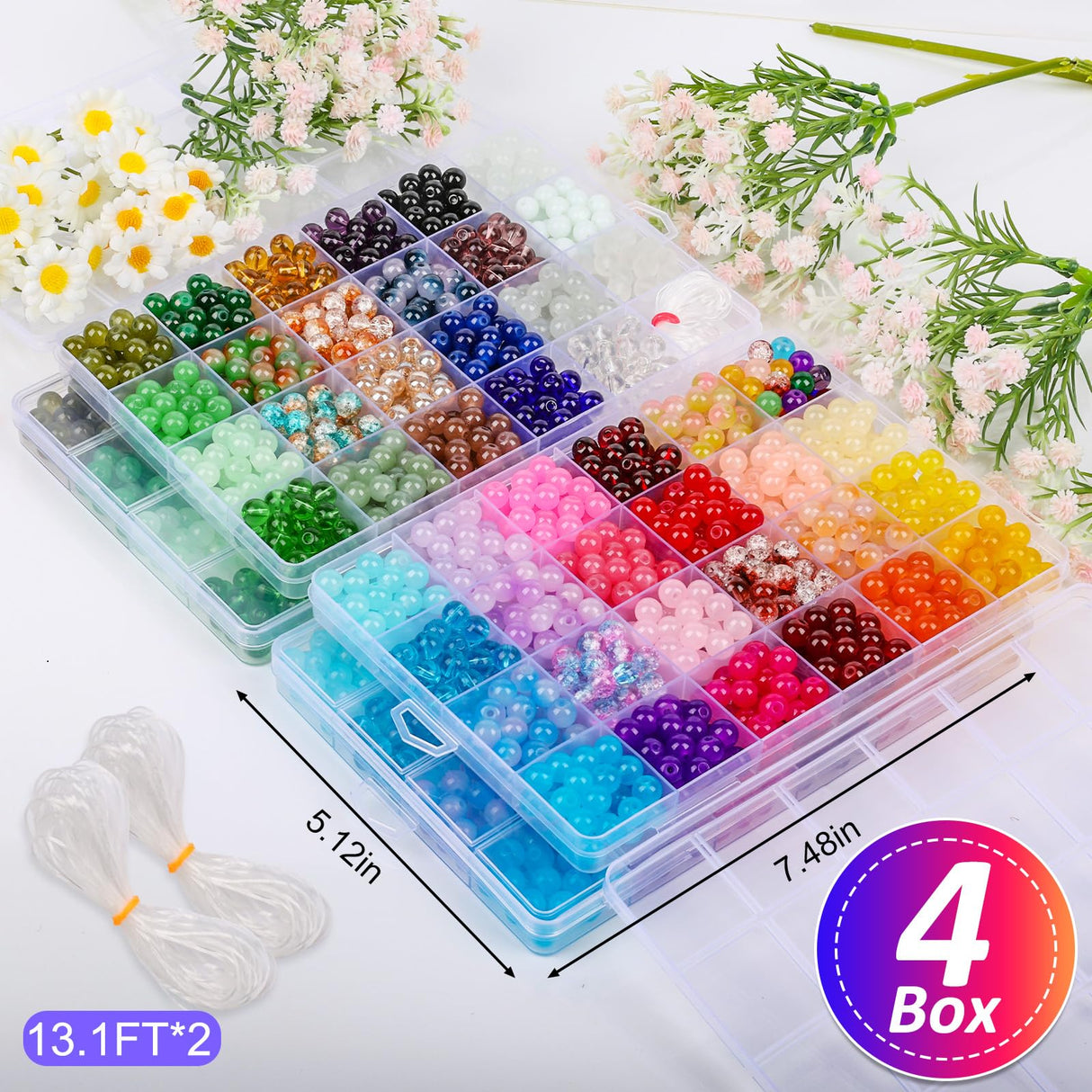 XSEINO 2400 PCS 8mm Glass Beads Bracelet Making Kit, 47 Colors Crystal Beads for Jewelry Making and DIY Crafts，4 Box Round Beads Suitable for Beginners XSEINO