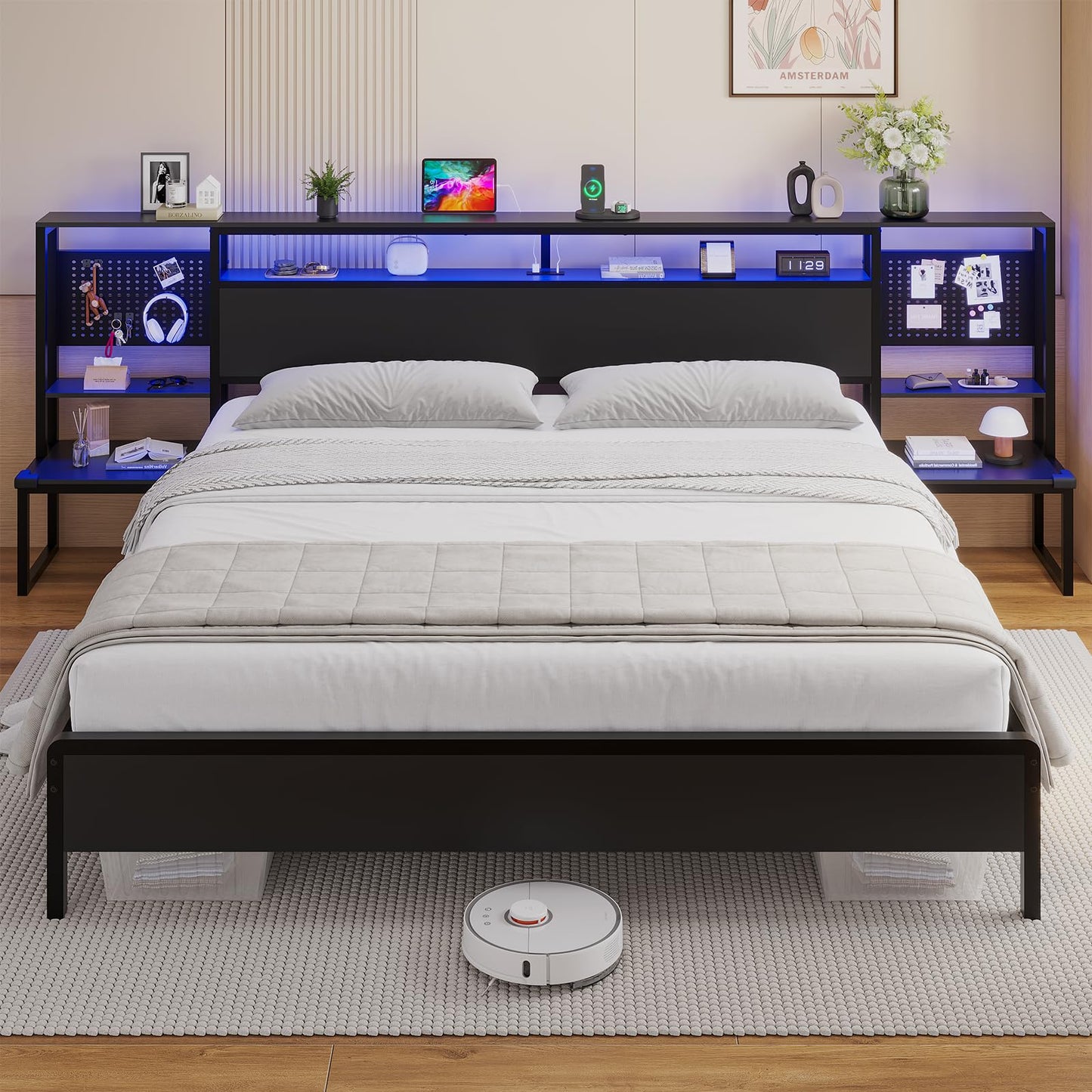 HAUOMS King Size Bed Frame with Smart LED Lights, Charging Station, and Storage Headboard in Black - WoodArtSupply