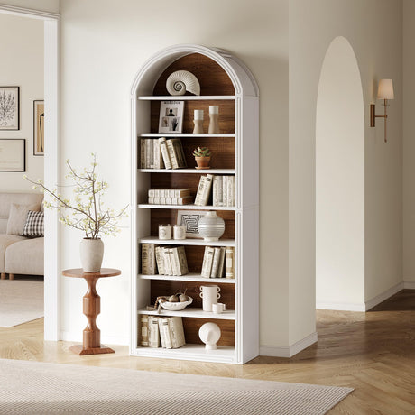LITTLE TREE 8-Tier Bookcase, 78.7" Tall Bookshelf with Arched Top, Large Freestanding Wooden Open Bookcase Bookshelf, Modern Book Shelf Organizer for Living Room, Bedroom, Office, Library, White Brown LITTLE TREE
