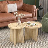 Round Coffee Table Set of 2, Mid Century Modern Fluted Nesting Coffee Table, Center Tables, Small Round Wood Coffee Table, Side End Table for Living Room, Bedrrom, Office (Wood Color) Fsbecl