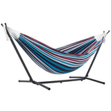 Vivere Double Cotton Hammock with Space Saving Steel Stand, Upgraded Polyester End Strings 450 lb Capacity - Premium Carry Bag Included - USA Grown Cotton (Denim) Vivere