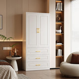 Polup Metal Armoire Wardrobe Closet with Three Drawers, 71“ Tall Large Wardrobe Cabinet with Hanging Rod, Freestanding Wardrobe Cabinet with Doors and Shelves for Bedroom, White, Assemble Required Polup