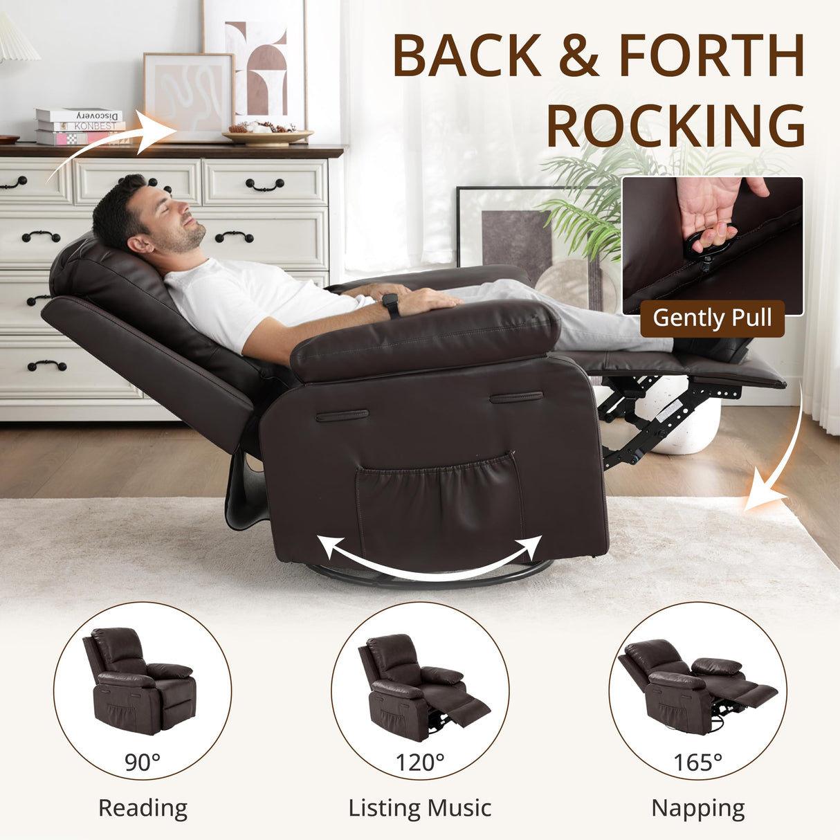 zzlay 360° Swivel Rocking Leather Recliner Chair for Adults, Overstuffed Manual Recliner with Spring Cushion, Glider Rocking Nursery Single Sofa with Side Pockets for Living Room, Coffee Brown zzlay