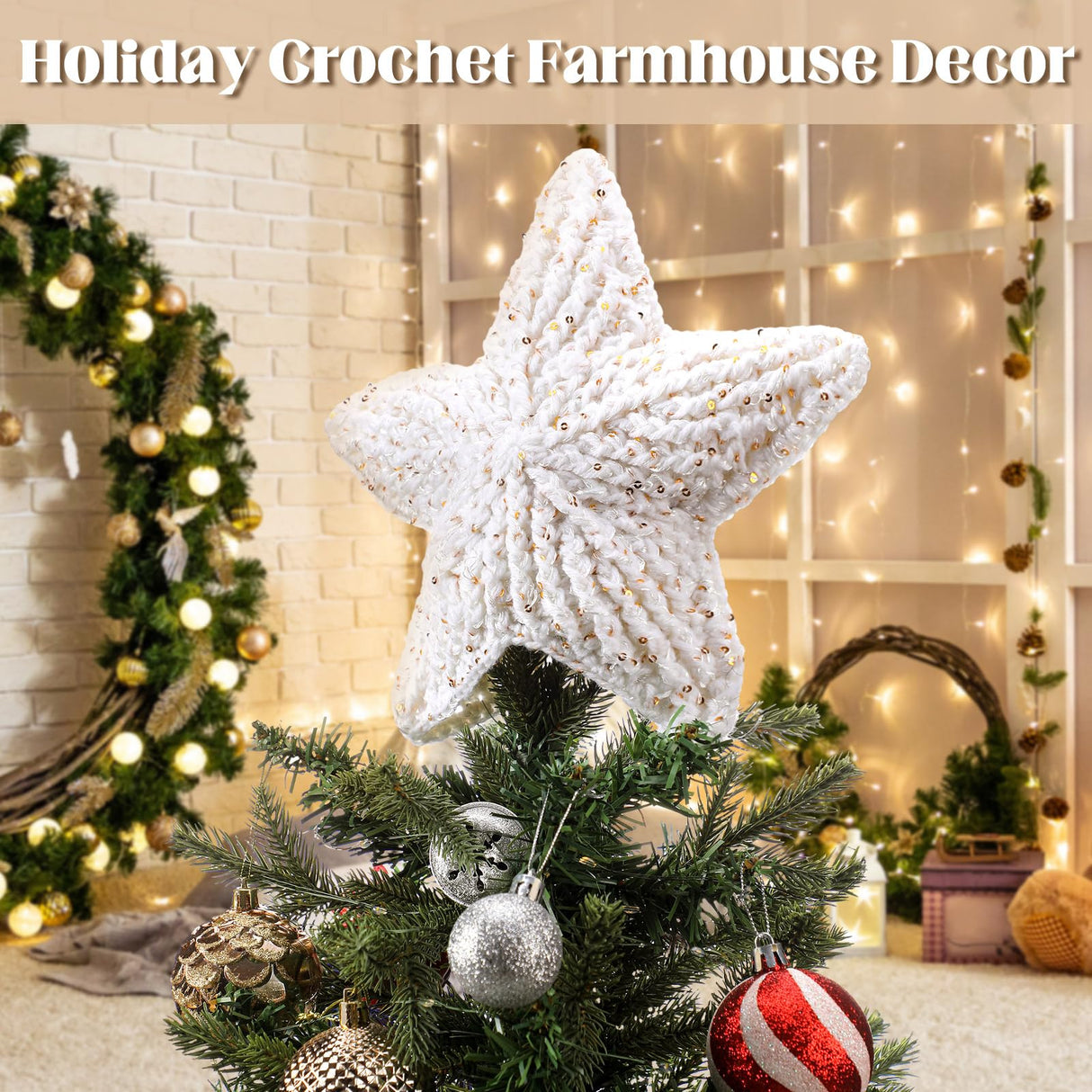 Syhood 10 Inch Star Christmas Tree Topper Crochet Star Farmhouse Holiday Xmas Decor for Christmas Tree Topper Ornament Party Decoration Syhood