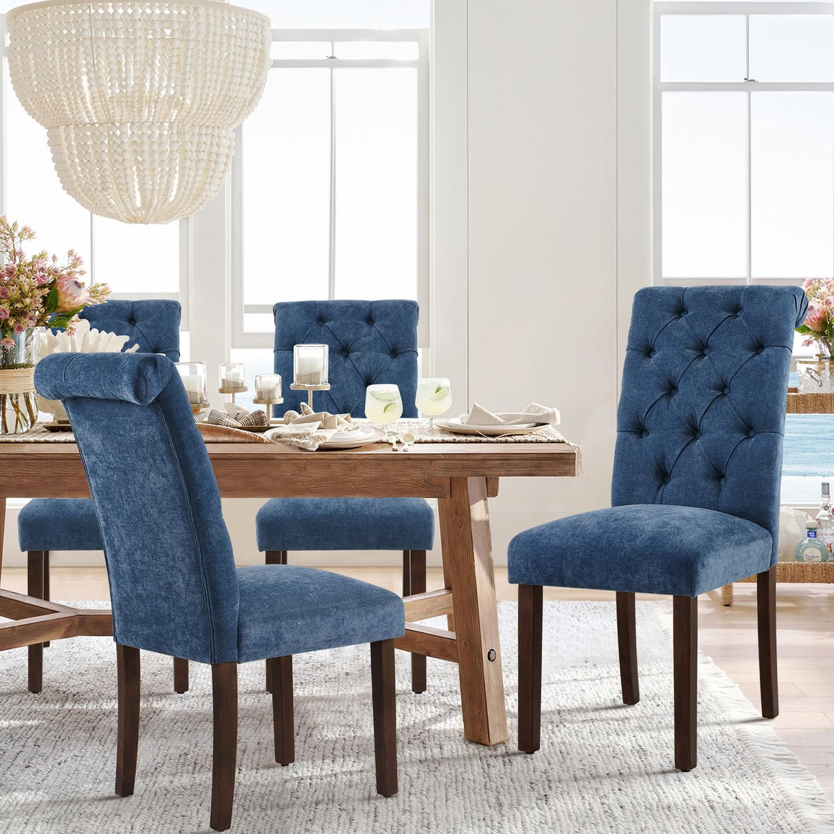 COLAMY Button Tufted Dining Chairs Set of 4, Parsons Upholstered Fabric Dining Room Chairs Kitchen Chairs with Wood Legs and Padded Seat, Blue COLAMY