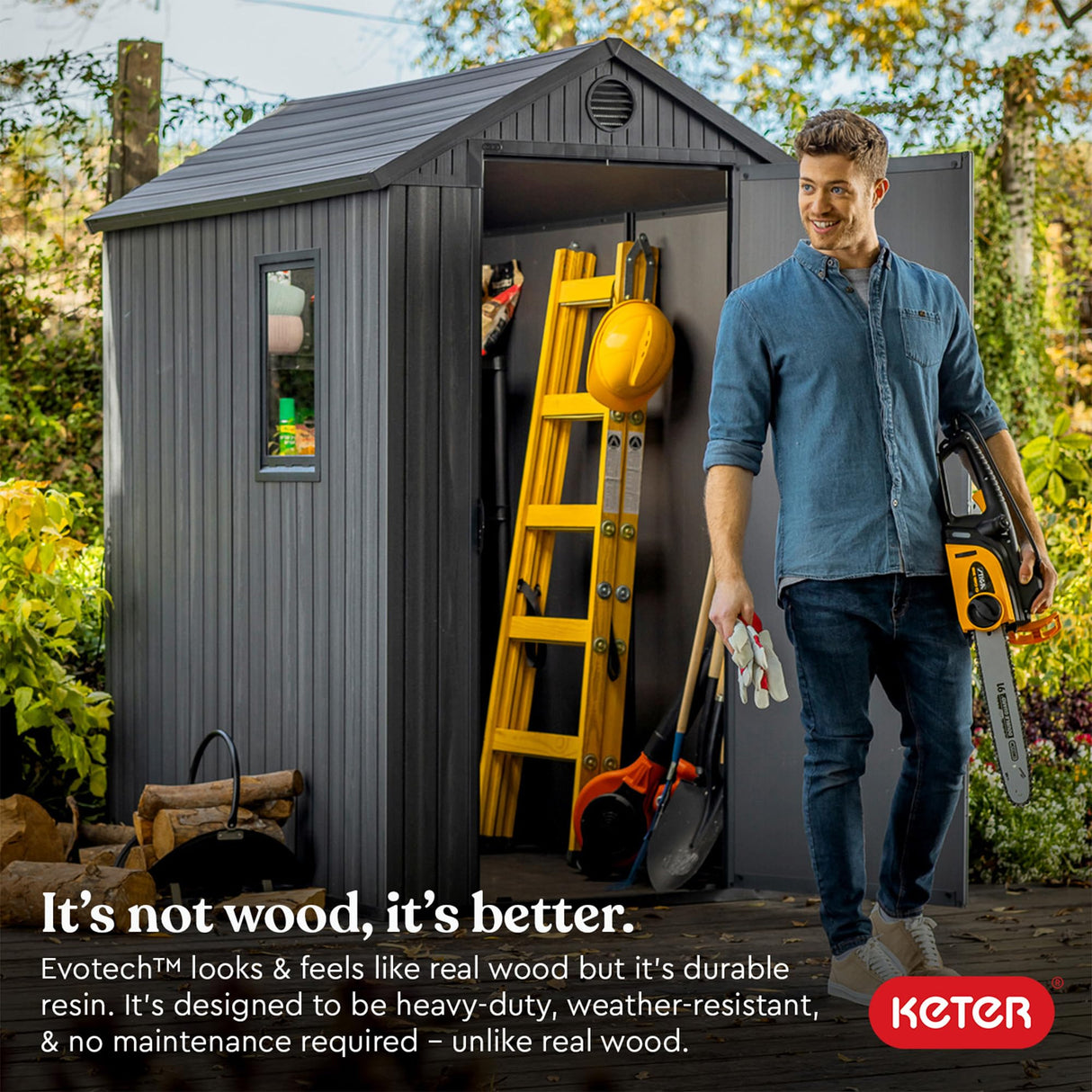 Keter Darwin 4 Ft x 6 Ft Outdoor Garden Tool Storage Shed Durable Resin Organizer with Window, Lockable Door and Built-in Ventilation, Graphite Gray Keter