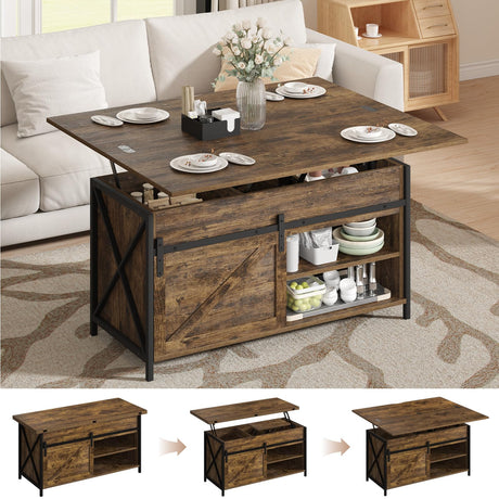 Vividwood Lift Top Coffee Table with Storage and Sliding Door, 4 in 1 Multi-Function Convertible Tea Table with Hidden Compartment, Farmhouse Center Table with Wood Lift Tabletop for Living Room Brown Vividwood