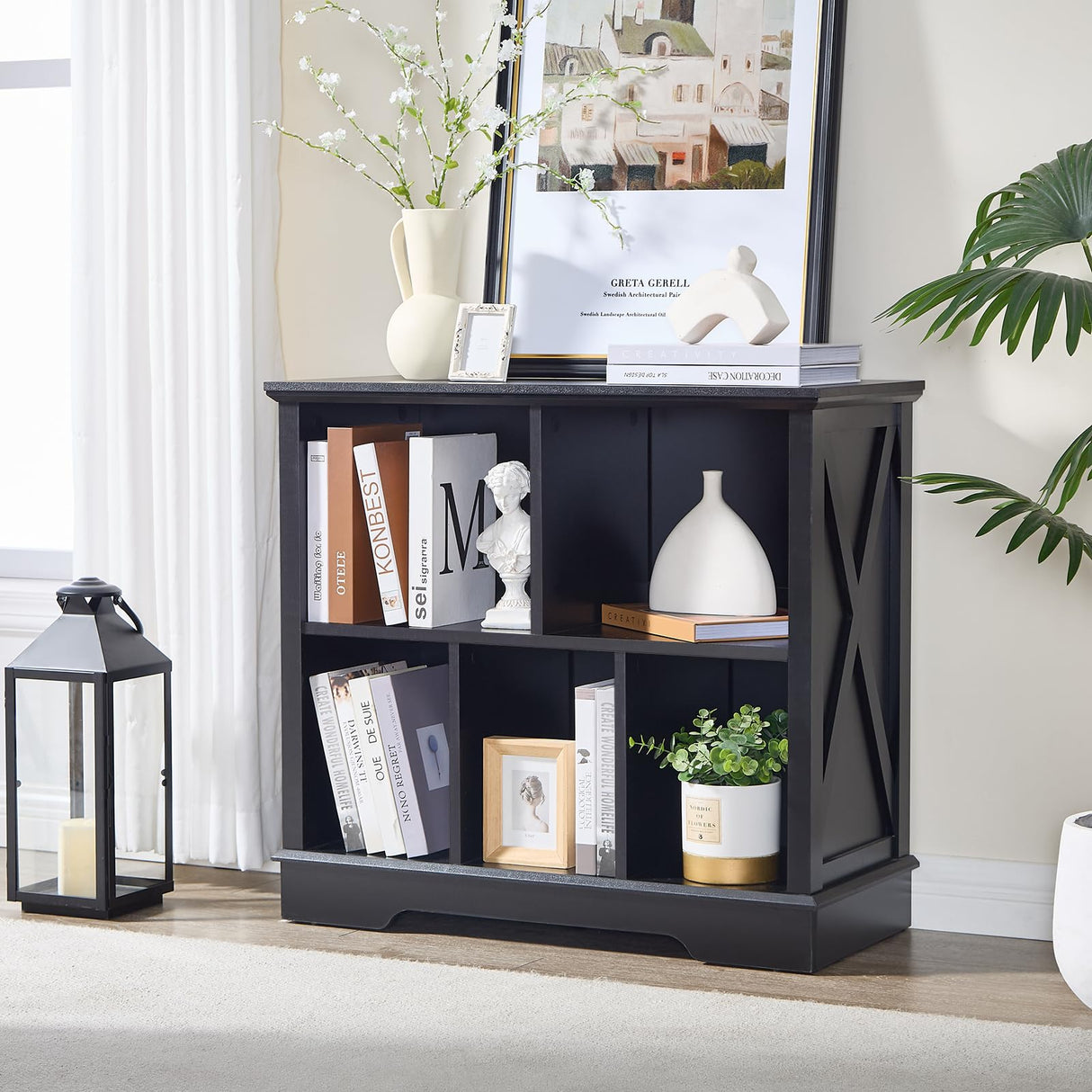 Farmhouse 5 Cube Bookshelf, Black Storage Organizer Bookcase, Kids Toy Storage Cabinet, Small Bookshelves Storage Organizer Shelf, Wood Display Cabinet Book Shelves for Bedroom,Living Room,Office FFBCFDK